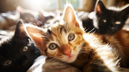 Fototapeta premium Colorful kittens relaxing in sunlight, showcasing playful expressions and cozy surroundings