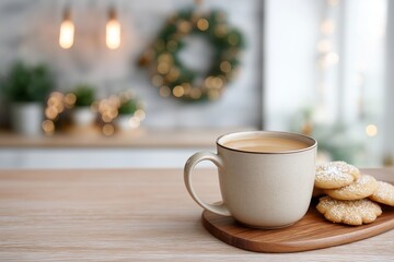 Warm cup of coffee placed on wooden board beside delicious cookies, with a softly blurred festive background featuring lights and greenery, creating a cozy atmosphere for relaxation with copyspace