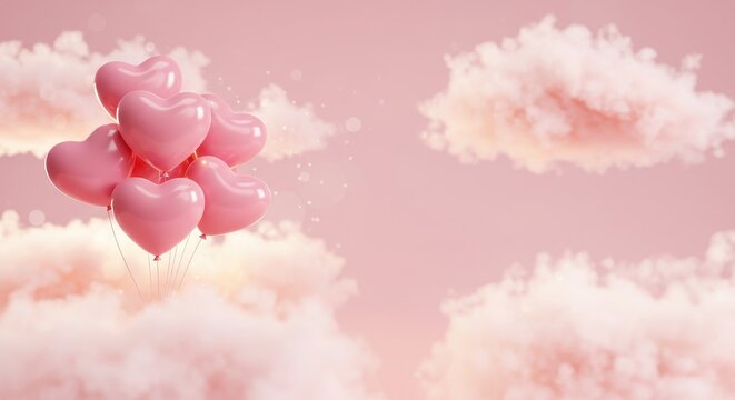 Dreamy Pink - Heart Balloons Floating in a Cloudscape of Love and Romance.