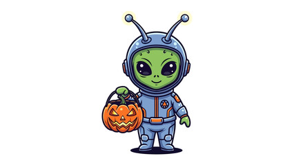 Alien Trick or Treat: A friendly alien dressed in a spacesuit holding a pumpkin, ready to partake in Halloween festivities.