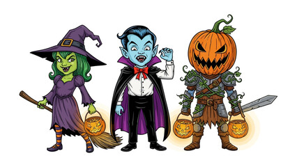 Spooky Halloween Characters: A wickedly captivating ensemble of Halloween characters, each radiating their own unique charm and eeriness. Including witch, vampire, pumpkin head. 