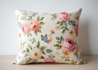 Floral print pillow with soft pastel colors on a white background