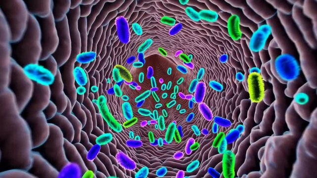 Conceptual image of gut flora with beneficial bacteria in intestine.