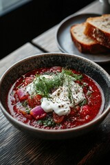 A vibrant bowl of borscht with sour cream and dill, served with a side of dark rye bread