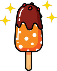 Delicious chocolate covered ice cream bar with orange flavor and white polka dots sparkling vector