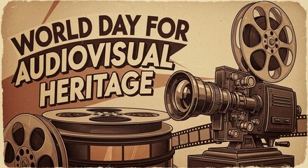World Day for Audiovisual Heritage poster featuring a vintage film camera and reel in retro illustration style for cinema history concepts
