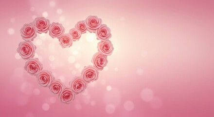 Elegant Pink Rose Heart Outline on Dreamy Bokeh Background, Romantic Floral Design with Copy Space.