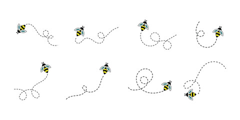 Set of bees with hearts. Collection of flying bees in a dotted line . Bee flying on a dotted route isolated on the white background. Vector illustration. 