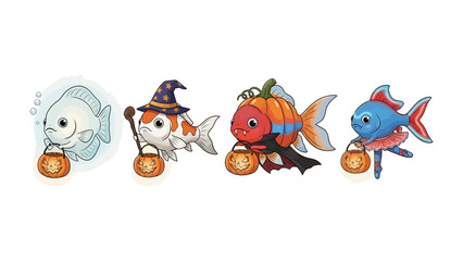 Halloween Fish Parade: A whimsical gathering of aquatic creatures dressed up in charming Halloween costumes, holding festive lanterns in a vibrant and delightful scene.