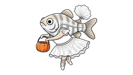 Graceful Fish Ballerina: An adorable illustration of a fish gracefully dancing in a ballet attire with an orange bag. This whimsical image will bring a smile to everyone.