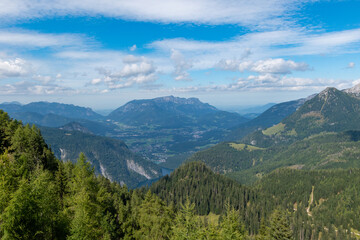 Obraz premium Alpine forest landscape with panoramic view towards Mount Jenner in the Berchtesgadener Alps