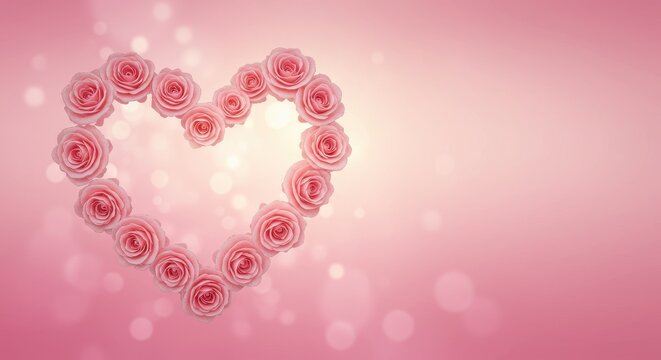 Elegant Pink Rose Heart Outline on Dreamy Bokeh Background, Romantic Floral Design with Copy Space.