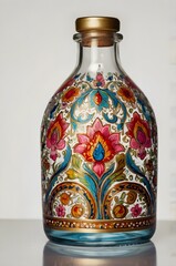 Single glass bottle hand-painted with colorful floral and paisley motifs, intricate artisan detail, isolated on white background, high-quality illustration style,Generative Ai
