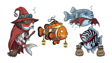 Fanciful Halloween Fish: A quirky composition of digitally designed fish dressed up in playful Halloween costumes, set against a clean backdrop
