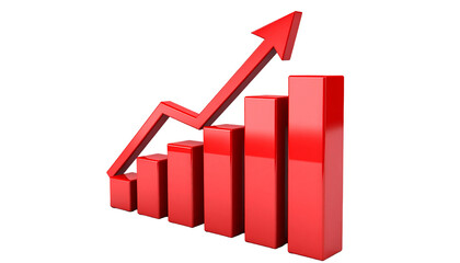 Stock market business graph chart with an upward red arrow signifying financial success and growth on a white background illustration