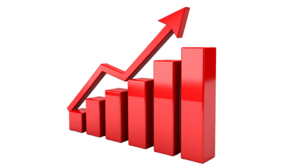 Stock market business graph chart with an upward red arrow signifying financial success and growth on a white background illustration