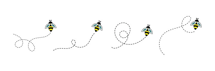Cute bees characters collection. Flying bees with dotted path. Insects group. Cartoon  bee icon. Vector bee illustration.  eps 10