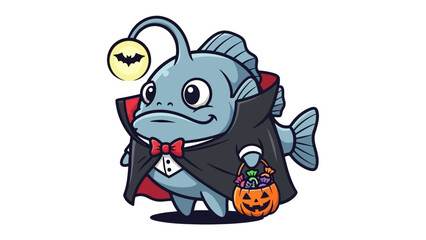 Halloween Anglerfish: Adorable and festive, this cartoon anglerfish embodies the spirit of Halloween, adorned in a vampire costume, carrying a pumpkin bucket filled with treats.