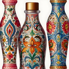 Single glass bottle hand-painted with colorful floral and paisley motifs, intricate artisan detail, isolated on white background, high-quality illustration style,Generative Ai

