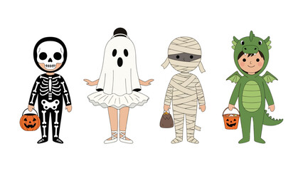 Halloween Costume Party: Adorable children dressed as a skeleton, ghost, mummy, and dragon, each clutching a pumpkin bucket. Embrace the whimsy and spirit of Halloween!