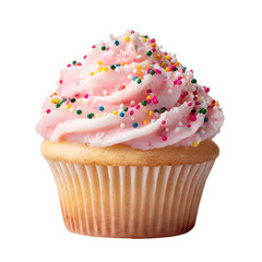 Cupcake with pink frosting and colorful sprinkles isolated on transparent background, sweet dessert pastry for celebration or bakery design

