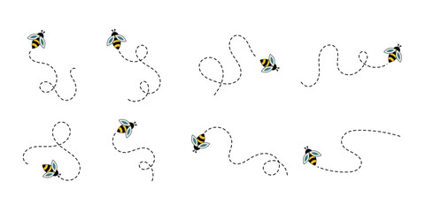 Bee flying doted path, line way. Bumblebee fly route journey for travel. Bees flying path. Cartoon bee fly dotted line route, bumblebee wasp hornet honeybee flight track buzz bug baby . eps 10