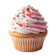Cupcake with pink frosting and colorful sprinkles isolated on transparent background, sweet dessert pastry for celebration or bakery design


