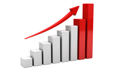 Stock market business graph chart with an upward red arrow signifying financial success and growth on a white background illustration