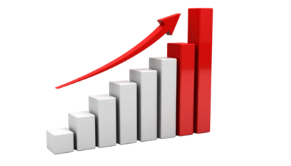 Stock market business graph chart with an upward red arrow signifying financial success and growth on a white background illustration