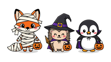 Halloween Mascot Trio: A collection of adorable mascot creatures, adorned in Halloween costumes, carrying pumpkin baskets, embodies festive season joy and invites audiences.