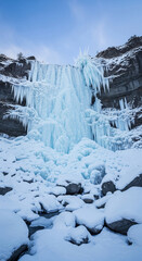 Majestic Frozen Waterfall with Blue Ice Formations and Snow-Covered Rocks in Winter. AI Generated