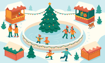 Flat vector illustration of a festive winter fair with people skating, decorated Christmas tree, market stalls, garlands, dog walking and cozy holiday atmosphere.