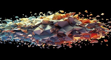Exploding Geometric Crystal Formation with Rainbow Hues Against Black Void.