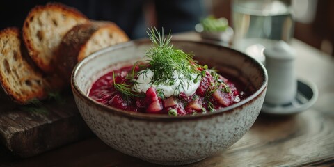 A vibrant bowl of borscht with sour cream and dill, served with a side of dark rye bread