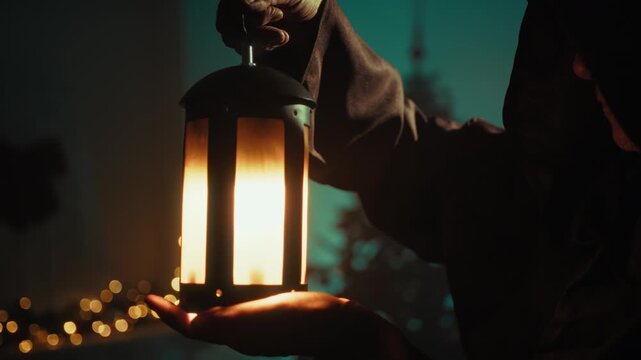 Silhouette Of A Mysterious Monk With Torch In Front Of Christmas Tree At Night