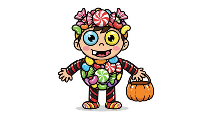 Sweet Treat Costume: A cheerful cartoon child adorned in a fantastical costume made entirely of colorful candies, smiles invitingly, with a small pumpkin bucket.