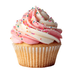 Cupcake with pink frosting and colorful sprinkles isolated on transparent background, sweet dessert pastry for celebration or bakery design

