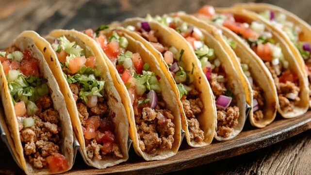 A row of tacos sitting on a wooden tray, ready to be served