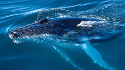 Fototapeta premium Humpback whale breaching water surface near whale watching tour, showing majestic marine mammal in ocean habitat. Wildlife encounter for ecotourism and marine conservation