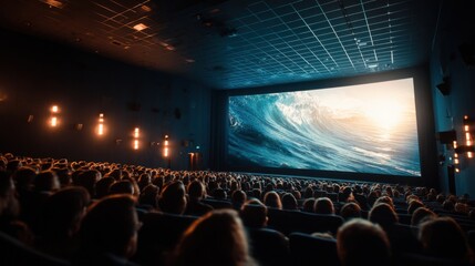 A large audience fills a movie theater captivated by a dramatic scene featuring a massive ocean wave. The excitement is palpable as the sun sets in the background.