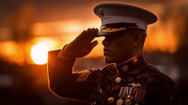 Tribute and Honor at Sunset: An authoritative uniformed officer renders a salute as the sun dips, evoking feelings of reverence, dedication, and the solemn weight of duty.