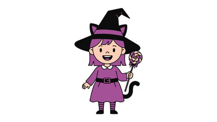 Witch Girl with Candy in Halloween:  A charming witch girl, complete with a pointed hat,  holds a lollipop, epitomizing the spirit of Halloween.