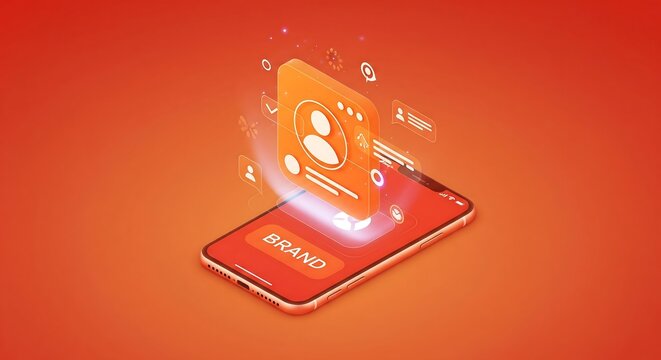 A smartphone displays a digital profile icon, representing brand identity and online presence.