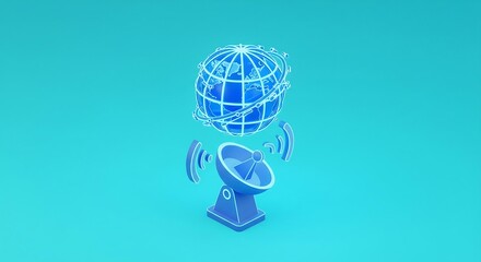 A blue satellite dish sends signals to a globe with orbiting communication lines, all on a teal background.