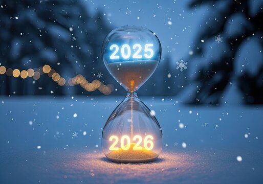 Photo of hourglass counting down from 2025 to 2026 in a snowy winter wonderland, symbolizing the transition from one year to the next with festive lights