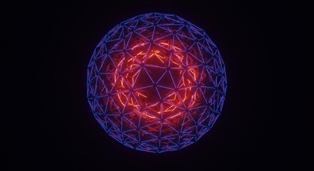 Glowing Geometric Sphere - Abstract Red Core with Blue Wireframe on Black.