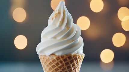 Soft serve ice cream in a waffle cone, captured close-up with bokeh lighting in the background
