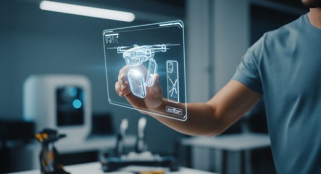 A man holds a transparent screen displaying a 3D model of a drone, interacting with the holographic interface in a modern setting.
