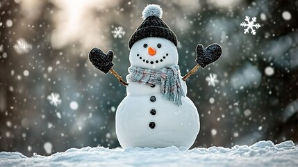 Fototapeta premium Cheerful Snowman in Winter Scene with Scarf, Gloves and Snowflakes