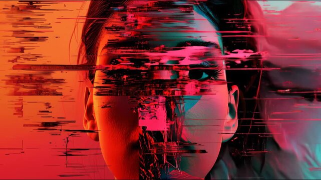 Abstract glitch tears across a human face, chromatic streaks and data noise suggesting identity, privacy and digital overload; bold technology visual crafted for cybersecurity, AI think pieces and